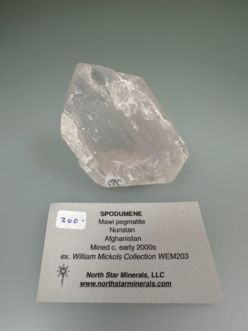 Spodumene, Mawi Pegmatite, Nuristan, Afghanistan, Mined c. early 2000s, ex. William Mickols Collection 203, Miniature, 0.8 x 4.0 x 6.3 cm, $200. Online 3/2.