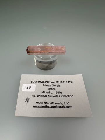 Tourmaline var. Rubellite, Minas Gerais, Brazil, Mined c. 1990s, ex. William Mickols Collection, Miniature, 0.5 x 0.5 x 3.7 cm, $125. Online 3/2.