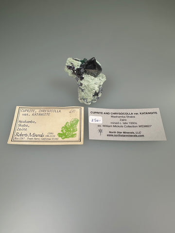 Cuprite and Chrysocolla var. Katangite, Mashamba Shaba, Zaire, Mined c. late 1990s, ex. William Mickols Collection 607, Miniature, 1.7 x 2.5 x 5.0 cm, $250. Online 3/2.