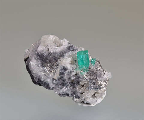 Emerald in Calcite, Muzo, Columbia, Collected circa 2005, Kalaskie Collection #1191, Miniature 1.5 x 2.5 x 4.5 cm, $450.00. Online 6/12.