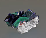Azurite on Malachite with Dickite, Milpillas Mine, Municipality of Santa Cruz, Sonora, Mexico, Mined c. 2011, Kalaskie Collection #107, Miniature 3.5 x 5.0 x 5.0 cm, $500. Online 11/7.