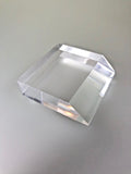Angled Front Face Rectangle Acrylic Base 11/16 inch thick x 2 1/2 inch wide x 2 1/2 deep (bottom face) and 1 7/8 (top face), $10.