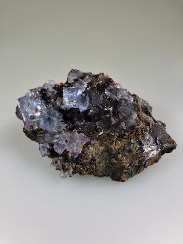 Fluorite on Sphalerite, Rosiclare Level, Minerva No. 1 Mine, Ozark-Mahoning Company, Cave-in-Rock District, Southern Illinois, Mined c. 1992, ex. Shorty Millikan, Ron Roberts Collection FS-18, Small Cabinet 3.5 x 6.0 x 10.0 cm, $160. Online 5/11.