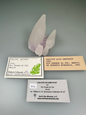 Calcite on Amethyst, Irai, Rio Grande do Sul, Brazil, ex. William A. N. Severance Collection 91.07, Small Cabinet 5.0 x 5.0 x 7.0 cm. $350. Online March 3.