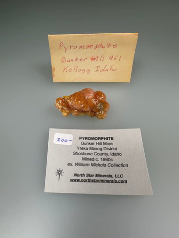 Pyromorphite, Bunker HIll Mine, Yreka Mining District, Shoshone County, Idaho, Mined c. 1980s, ex. William Mickols Collection, Miniature, 1.5 x 2.0 x 4.0 cm, $200. Online 3/2.