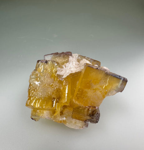 Calcite on Fluorite, Bethel Level, A. L. Davis Mine attr., Ozark-Mahoning Company, Cave-in-Rock District, Southern Illinois, Mined c. 1970s ex. Louis Lafayette Collection #43, Miniature 3.0 x 4.0 x 5.5 cm, $250. Online 10/9.