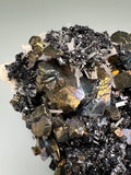 Chalcopyrite and Sphalerite with Calcite and Quartz, Angel Janakiev Mine, Madan District, Bulgaria, Mined 1997, ex. WIlliam Mickols Collection WEM620, Small Cabinet, 3.5 x 6 x 8 cm, $125. Online Oct. 9.