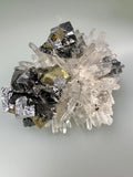 Sphalerite and Galena on Quartz with Chalcopyrite, Deveti Septemvri Mine, Madan District, Bulgaria, Mined 1997, ex. WIlliam Mickols Collection WEM619, Small Cabinet, 3 x 7 x 7.5 cm, $200. Online Oct. 9.