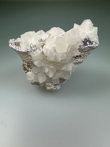 WITHERITE AND CALCITE ON FLUORITE, Bethel Level, Minerva No. 1 Mine, Minerva Oil Company attr., Cave-in-Rock Subdistrict, Mined ca. 1960s, ex. Roy Smith Collection M1230, Miniature 4 x 6 x 7.5 cm, $450. Online July 8.