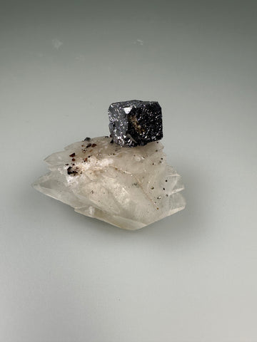 GALENA ON CALCITE WITH CHALCOPYRITE, Rosiclare Level,  Butterknife Pod, Denton Mine, Ozark-Mahoning Company, Harris Creek Subdistrict, Mined 1987, ex. Roy Smith Collection M1397, Miniature 1.5 x 4 x 4.5 cm, $350. Online July 8.