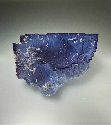 Fluorite with calcite and chalcopyrite,  Sub-Rosiclare Level,  Bahama Pod, Denton Mine, Ozark-Mahoning Company, Harris Creek Subdistrict, Mined September 1992, Dr. David London Collection L-073, Medium Cabinet 9 x 9 x 11.5 cm, $4,500. Online Feb. 27.