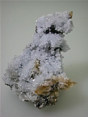 Celestite on Calcite with Fluorite, Sub-Rosiclare Level, Annabel Lee Mine, Ozark-Mahoning Company, Harris Creek District, Southern Illinois, Mined c. 1986, Tolonen Collection, Small Cabinet 6.0 x 7.0 x 9.0 cm, $450. SOLD.