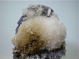 Strontianite on Fluorite, Rosiclare Level Minerva #1 Mine, Ozark-Mahoning Company, Cave-in-Rock District, Southern Illinois, Mined c. 1990, Noll Collection #4016, Miniature 4.0 x 6.0 x 7.0 cm, $250.  Online 3/18.  SOLD.