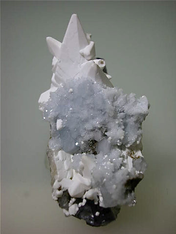 Celestite on Calcite and Fluorite, Sub-Rosiclare Level Annabel Lee Mine, Ozark-Mahoning Company, Harris Creek District Southern Illinois, Mined c. 1987, Tolonen Collection, Miniature 3.0 x 3.8 x 7.0 cm, $150.  Online 1/13. SOLD.