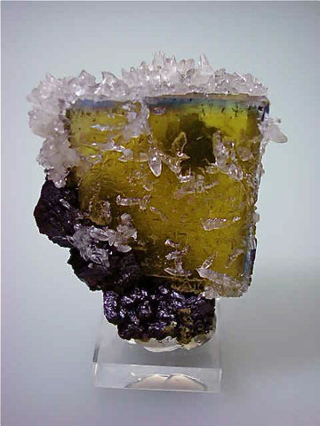 Calcite on Fluorite and Sphalerite, Bethel Level, North End Annabel Lee Mine, Ozark-Mahoning Company, Harris Creek District, Southern Illinois, Mined ca. 1985-1988, Koster Collection #00444, Small Cabinet 4.0 x 5.5 x 7.5 cm, $450. Online 3/11. SOLD.