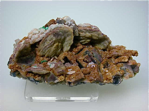 Barite on Fluorite with Limonite and Malachite, Galena King Mine, Manzano Mountains, New Mexico Miniature 3 x 4 x 9 cm $65. Online 12/20