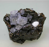 Fluorite on Sphalerite with Barite, Rosiclare Level Minerva #1 Mine, Ozark-Mahoning Company, Cave-in-Rock District, Southern Illinois, Mined c. 1992-1995, Tolonen Collection, Miniature 3.0 x 5.0 x 6.8 cm, $125.  Online 1/14.