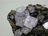 Fluorite on Sphalerite with Barite, Rosiclare Level Minerva #1 Mine, Ozark-Mahoning Company, Cave-in-Rock District, Southern Illinois, Mined c. 1992-1995, Tolonen Collection, Miniature 3.0 x 5.0 x 6.8 cm, $125.  Online 1/14.