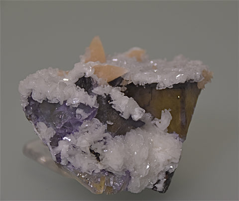 Fluorite with Barite and Calcite, Sub-Rosiclare Level Minerva #1 Mine, Ozark-Mahoning Company, Cave-in-Rock District, Southern Illinois, Mined 1994, Kalaskie Collection #42-229, Small Cabinet 5.0 x 6.5 x 7.5 cm, $350.  Online 3/8.