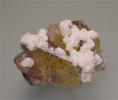 SOLD Fluorite with Calcite, Bethel Level Annabel Lee Mine, Ozark-Mahoning Company, Harris Creek District, Southern Illinois, Mined ca. late 1980s, Holzner Collection #554, Miniature 3.5 x 5.5 x 7.5 cm, $35.  Online 4/30.