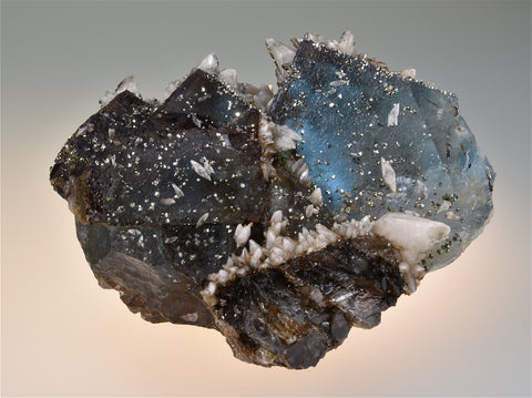 SOLD Pyrite and Calcite on Fluorite, Bethel Level West Green Mine, Ozark-Mahoning Company, Cave-in-Rock District, Southern Illinois, Mined circa 1960s, Wayne Fowler Collection, Medium Cabinet 6.0 x 9.5 x 11.0 cm, $450.  Online 7/25