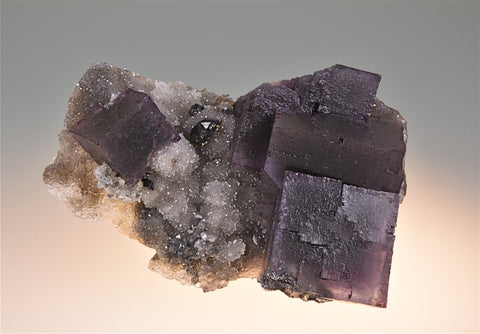 Fluorite on Quartz with Sphalerite and Galena, Hill-Ledford Mine attr. Sub-Rosiclare Level, Ozark-Mahoning Company, Cave-in-Rock District, Southern Illinois, Mined c. 1958-early 1960's, Fowler Collection, Miniature 3.6 x 6.5 x 9.5 cm, $450. Online 6/27