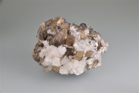 Strontianite and Calcite on Fluorite, attr. Rosiclare  Level Minerva #1 Mine,  Cave-in-Rock District,  Minerva Oil Company,  Southern Illinois, Dr. Perry  & Anne Bynum Collection, Small Cabinet, 5.5 x 7.0 x 9.2 cm, $380.  Online 6/6.