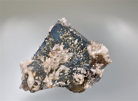Calcite and Pyrite on Fluorite, Bethel Level attr. West Green Mine, Ozark-Mahoning Company, Cave-in-Rock District, Southern Illinois, Mined c. 1960's, Wayne Fowler to Ross C. Lillie Collection #RCL2708, Miniature  4.0 x 5.5 x 7.0 cm, $250. Online 8/10.