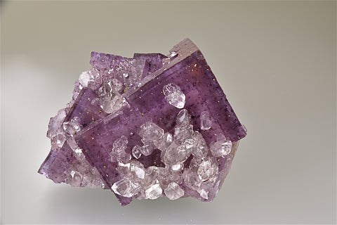 SOLD Calcite on Fluorite, Rosiclare Level Main Orebody Denton Mine, Ozark-Mahoning Company, Harris Creek District, Southern Illinois, Mined 1981, Ross C. Lillie Collection #RCL2706, Small Cabinet 5.0 x 6.0 x 8.5 cm, $650. Online 8/13