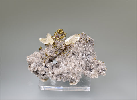 Calcite and Chalcopyrite on Dolomite, Sweetwater Mine, Viburnum Trend, Missouri Small cab 4 x 5 x 7 cm $20. Online 3/13