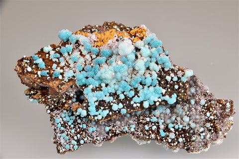 Rosasite with Calcite, Island Royale Mine, Helvetia, Arizona, Kalaskie Collection #290, Small Cabinet, 2.5  x 7.5 x 10.0 cm, $250.  Online 1/10.