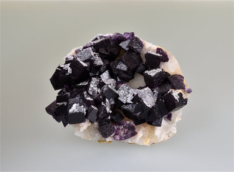 Fluorite on Quartz, Dachang Ore Field, Hondan County, Hechi Prefecture Guangxi, China, Mined c. 2009, Kalaskie Collection #42-12, Small Cabinet 3.0 x 8.5 x 10.5 cm, $200. Online 11/1.
