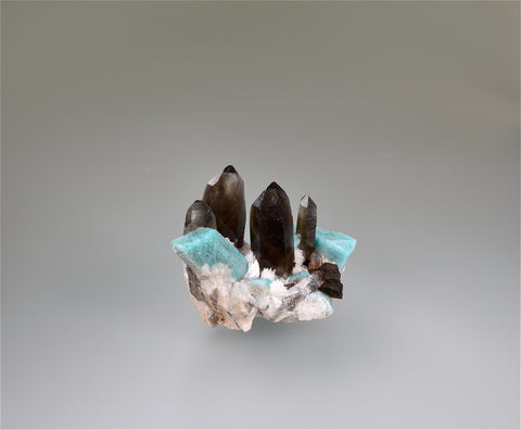 Smokey Quartz on Amazonite, Dreamtime Mine, Colorado, Repair 1X, Kalaskie Collection #823, Miniature 3.5 x 5.0 x 5.5 cm, $1200.  Online 11/7.