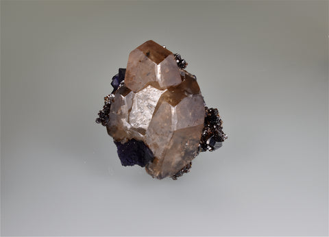 Calcite on Sphalerite and Fluorite, Sub-Rosiclare Level, Denton Mine, Ozark-Mahoning Company, Harris Creek District, Southern Illinois, Mined February 1992, Kalaskie Collection #733, Small Cabinet 4.5 x 7.5 x 8.5 cm, $250. Online 11/3