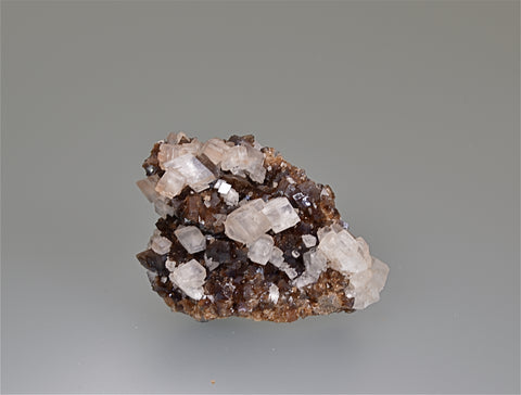 Calcite on Iridescent Calcite, Bussey Mine, Bussey, Iowa, Kalaskie Collection #1269, Miniature 2.5 x 4.0 x 5.5 cm, $40.  Online 11/7.