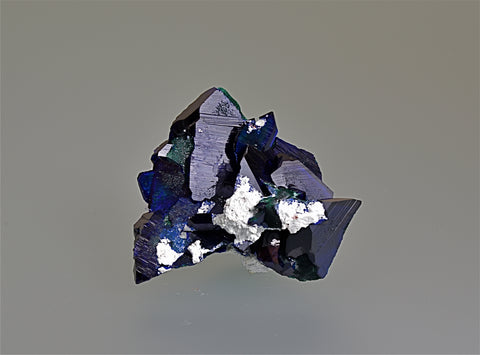 Azurite on Malachite with Dickite, Milpillas Mine, Municipality of Santa Cruz, Sonora, Mexico, Mined c. 2011, Kalaskie Collection #107, Miniature 3.5 x 5.0 x 5.0 cm, $500. Online 11/7.