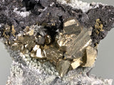 Quartz and Pyrite on Sphalerite, Mogila Mine, Madan District, Bulgaria, Mined c. 2012, Medium Cabinet 6.0 x 9.0 x 12.0 cm, $25.  Online January 30.
