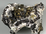 Quartz and Pyrite on Sphalerite, Mogila Mine, Madan District, Bulgaria, Mined c. 2012, Medium Cabinet 6.0 x 9.0 x 12.0 cm, $25.  Online January 30.