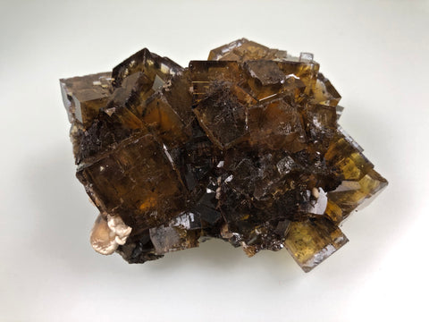 Fluorite with Calcite, Rosiclare Level attr., Minerva #1 Mine, Minerva Oil Company, Cave-in-Rock District, Southern Illinois, Mined 1973, Ron Roberts Collection F-120, Small Cabinet 4 x 7 x 9 cm, $350.  Online September 14.