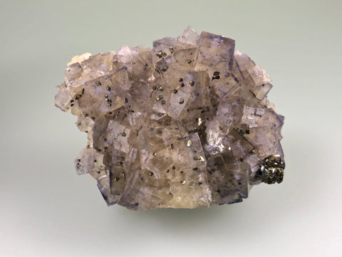 Fluorite with Chalcopyrite and Sphalerite, Rosiclare Level, Minerva #1 Mine attr., Ozark-Mahoning Company, Cave-in-Rock District, Southern Illinois, Mined c. 1992, Ron Roberts Collection F-32, Small Cabinet, 3.5 x 5.5 x 8.0 cm, $125.  Online September 14.