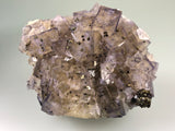 Fluorite with Chalcopyrite and Sphalerite, Rosiclare Level, Minerva #1 Mine attr., Ozark-Mahoning Company, Cave-in-Rock District, Southern Illinois, Mined c. 1992, Ron Roberts Collection F-32, Small Cabinet, 3.5 x 5.5 x 8.0 cm, $125.  Online September 14.