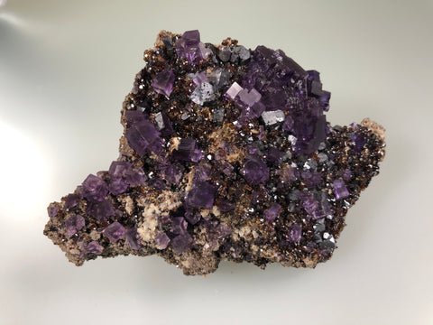Fluorite with Galena and Sphalerite, Rosiclare Level, Denton Mine, Ozark-Mahoning Company, Harris Creek District, Southern Illinois, Mined c. mid 1980's,  Ron Roberts Collection G-23, Small Cabinet 2.7 x 7.5 x 10.5 cm, $125.  Online September 14.