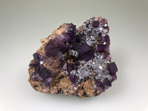 Fluorite with Galena and Sphalerite,  Denton Mine attr., Ozark-Mahoning Company attr., Harris Creek District attr., Southern Illinois, Ron Roberts Collection D-31, Small Cabinet 4.5 x 6.0 x 7.5 cm, $80.  Online September 14.