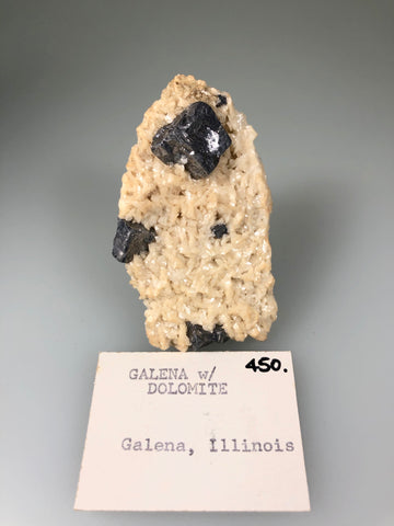 Galena on Dolomite, Galena, Jo Davisess County, Illinois, ex. Louis Lafayette Collection #450, Miniature 1.3 x 4.0 x 7.0 cm, $75. Online 10/16.