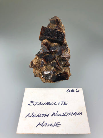 Staurolite, North Windham, Cumberland County, Maine, ex. Louis Lafayette Collection #656, Miniature 2.3 x 3.3 x 5.6 cm, $75. Online Nov. 17