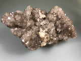 Quartz on Fluorite, Rosiclare Level attr., Shipp & Covert Mine, Lead Hill District, Southern Illinois, Ron Roberts Collection BPQ-12, Medium Cabinet 7.0 x 9.5 x 18.0 cm, $300. Online 5/11.
