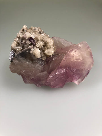 Calcite on Fluorite and Galena, Gaskins Mine, Minerva Oil Company, Empire District, Southern Illinois, Mined c. early 1970’s, Ron Roberts Collection UD-37, Small Cabinet 5.5 x 6.0 x 18.5 cm, $90. Online 5/11.