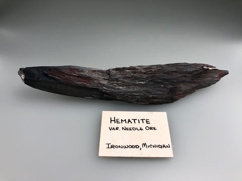 Hematite (Needle Ore), Ironwood, Gogebic County, MI, ex. Cranbrook Institute of Science #232-227, ex. Louis Lafayette Collection, Small Cabinet, 3.0 x 3.5 x 17.5 cm, $125. Online 9/3