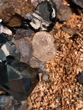 Sphalerite, Pyrrhotite, Galena  and Fluorite on Quartz, Santa Eulalia, Chihuahua, Mexico, Dr. David London Collection L-016, Large Cabinet 9.0 cm x 14.0 cm x 19.0 cm, $300. Online Nov 16.