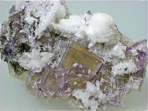 Fluorite with Calcite, Bethel Level M. F. Oxford #7 Mine, Ozark-Masoning Company, Cave-in-Rock District Southern Illinois, Mined c. 1967, Dr. Perry & Anne Bynum Collection, Miniature  2.5 x 4.5 x 6.5 cm, $75.  online 7/28. SOLD.